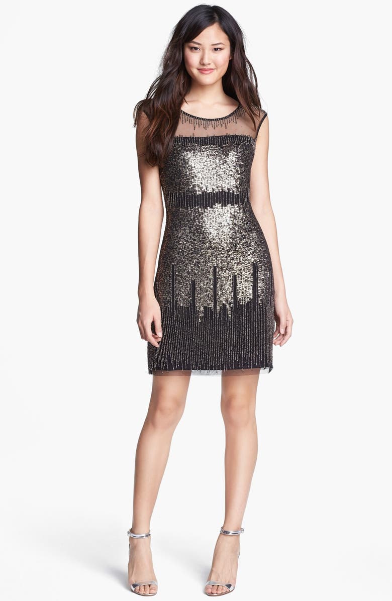 Adrianna Papell Illusion Yoke Beaded Sheath Dress, Main, color, 