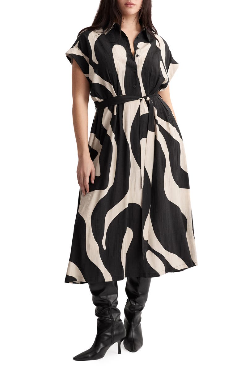 MANGO Abstract Print Belted Shirtdress, Main, color, Black
