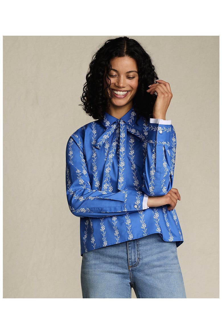 Easy Care Shirt with Removable Bow, Alternate, color, Muted Cobalt Floral Stripes