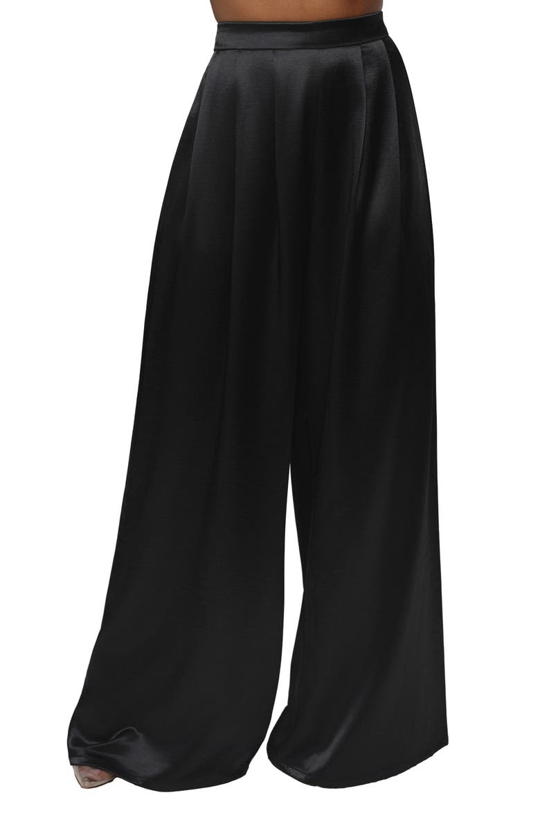 JLUXLABEL Pleated Wide Leg Satin Pants, Main, color, Black