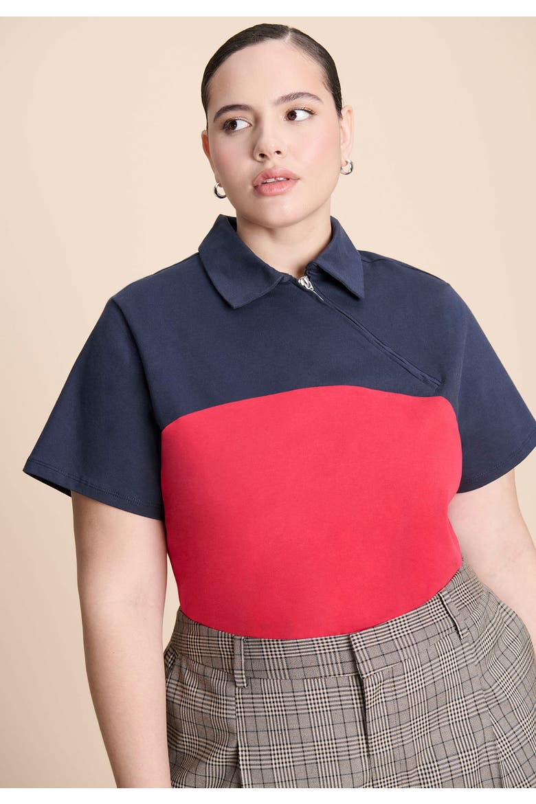 Asym Zipper Neck Polo Shirt, Alternate, color, RED AND NAVY
