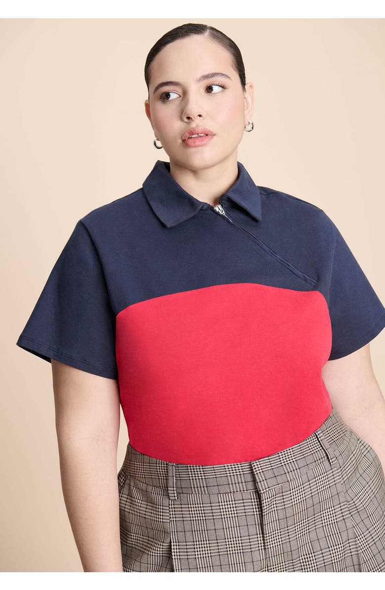 ELOQUII Asym Zipper Neck Polo Shirt, Alternate, color, Red And Navy