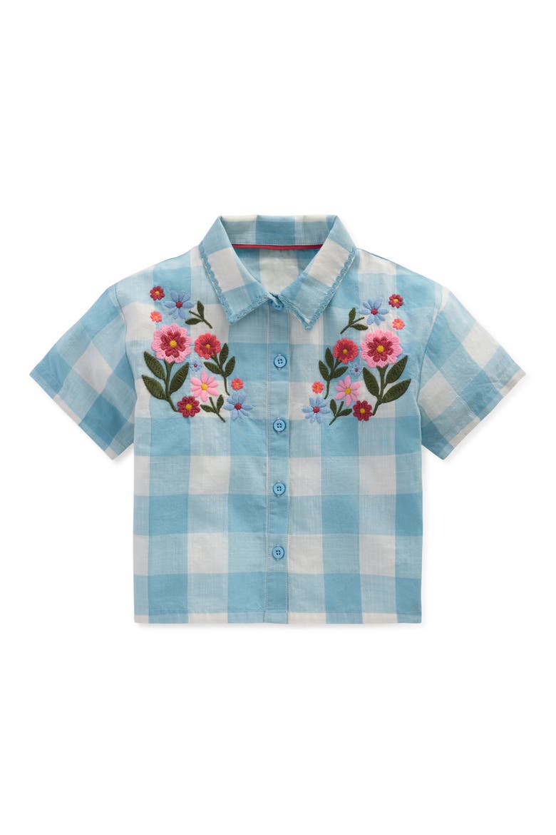 Kids' Floral Embroidered Gingham Button-Up Top, Main, color, BLUE GINGHAM