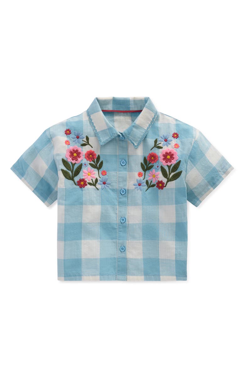 Mini Boden Kids' Floral Embroidered Gingham Button-Up Top, Main, color, Blue Gingham