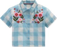 Mini Boden Kids' Floral Embroidered Gingham Button-Up Top
