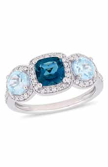 DELMAR Sterling Silver Cushion Cut Blue Topaz Diamond Ring - 0.28 ctw.