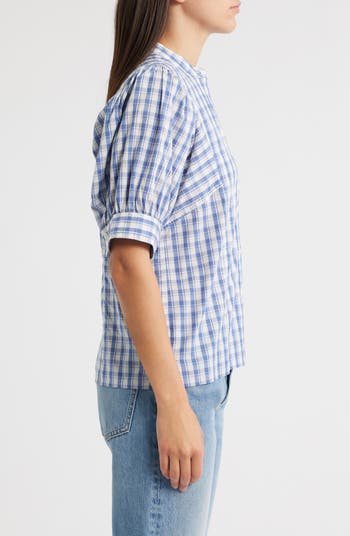 Plaid Puff Sleeve Band Collar Shirt