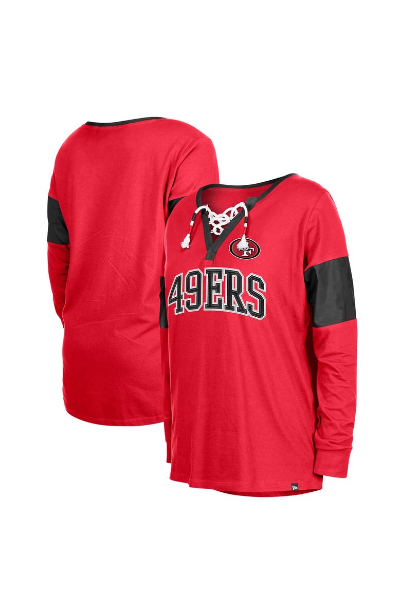 New Era Women's New Era Scarlet San Francisco 49ers Lace-Up Notch-Neck Long Sleeve T-Shirt, Main, color, Scarlet