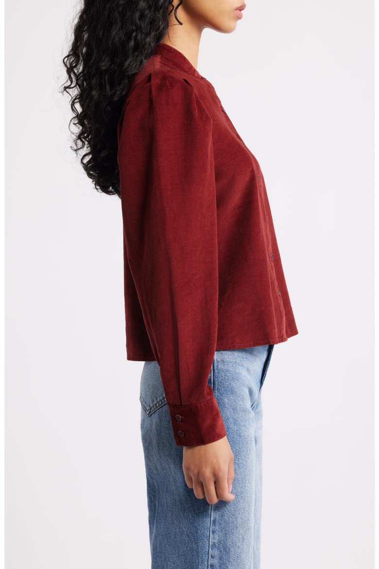 Puff Sleeve Corduroy Button-Up Shirt, Alternate, color, DEEP REDWOOD