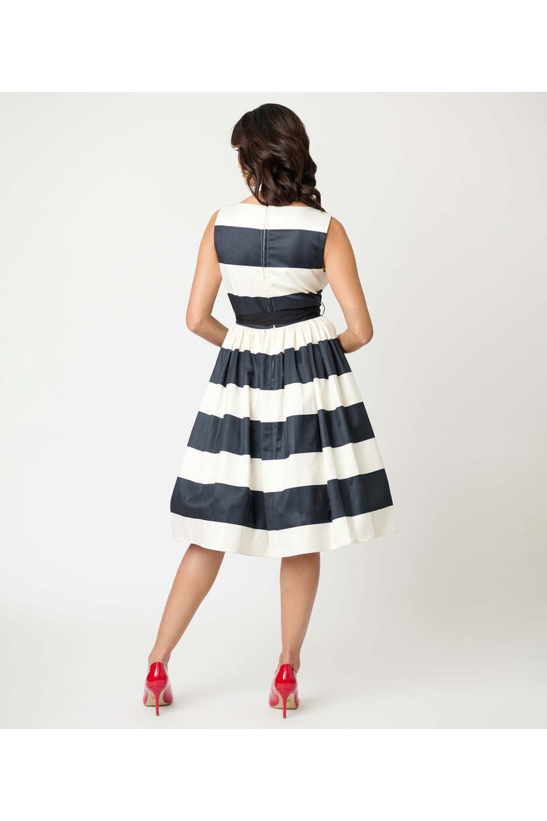 Sleeveless Belted Swing Dress, Alternate, color, Black & Ivory Stripes