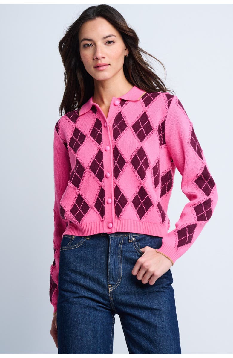 Lisa Todd Diamond Dip Argyle Cardigan, Alternate, color, Neon Pink