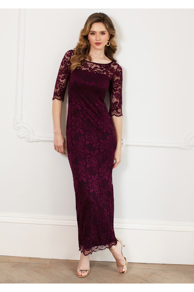Lila 3/4 Sleeve Lace Maxi Gown, Alternate, color, Claret
