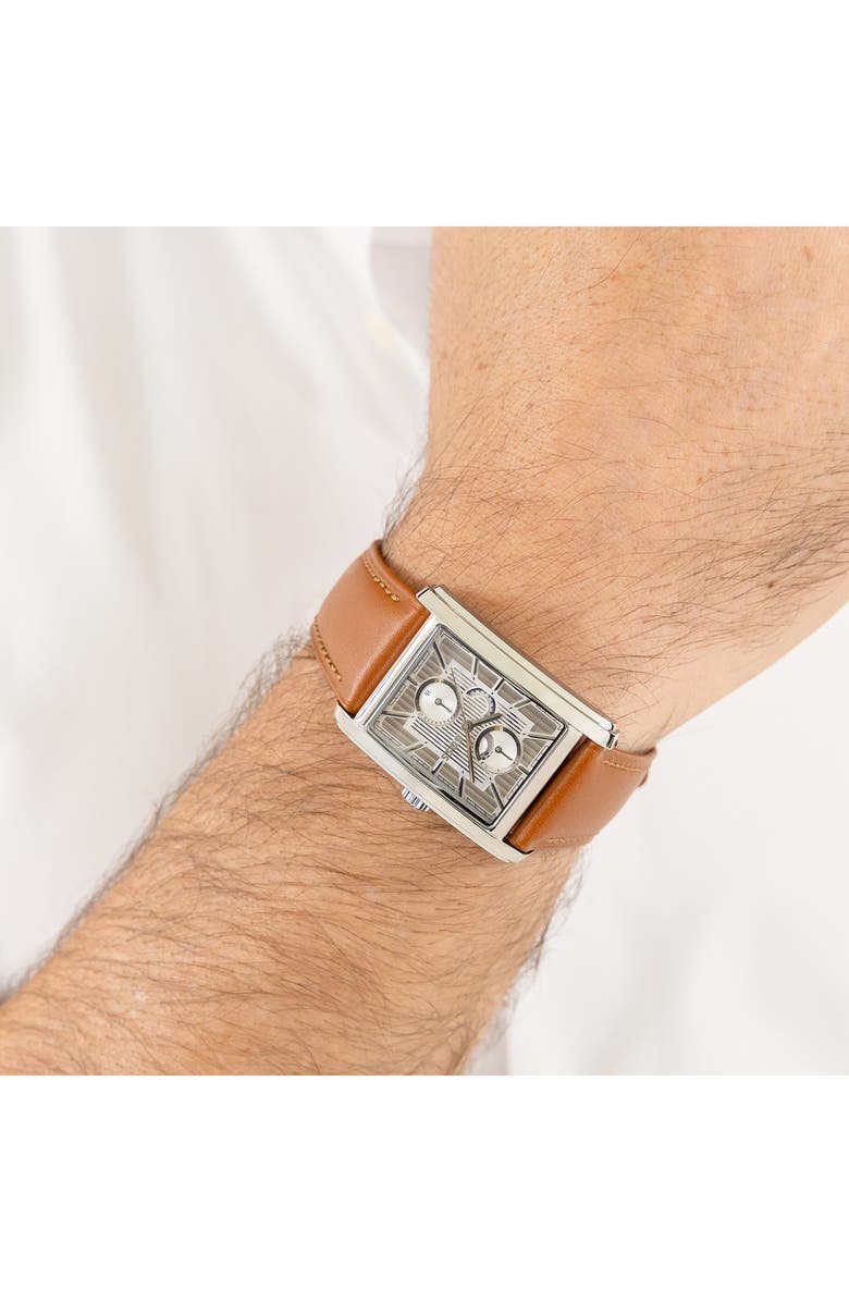 BOSS Principle Dress Multifunction Tank Leather Strap Watch, 30.5mm x 42mm, Alternate, color, Silver