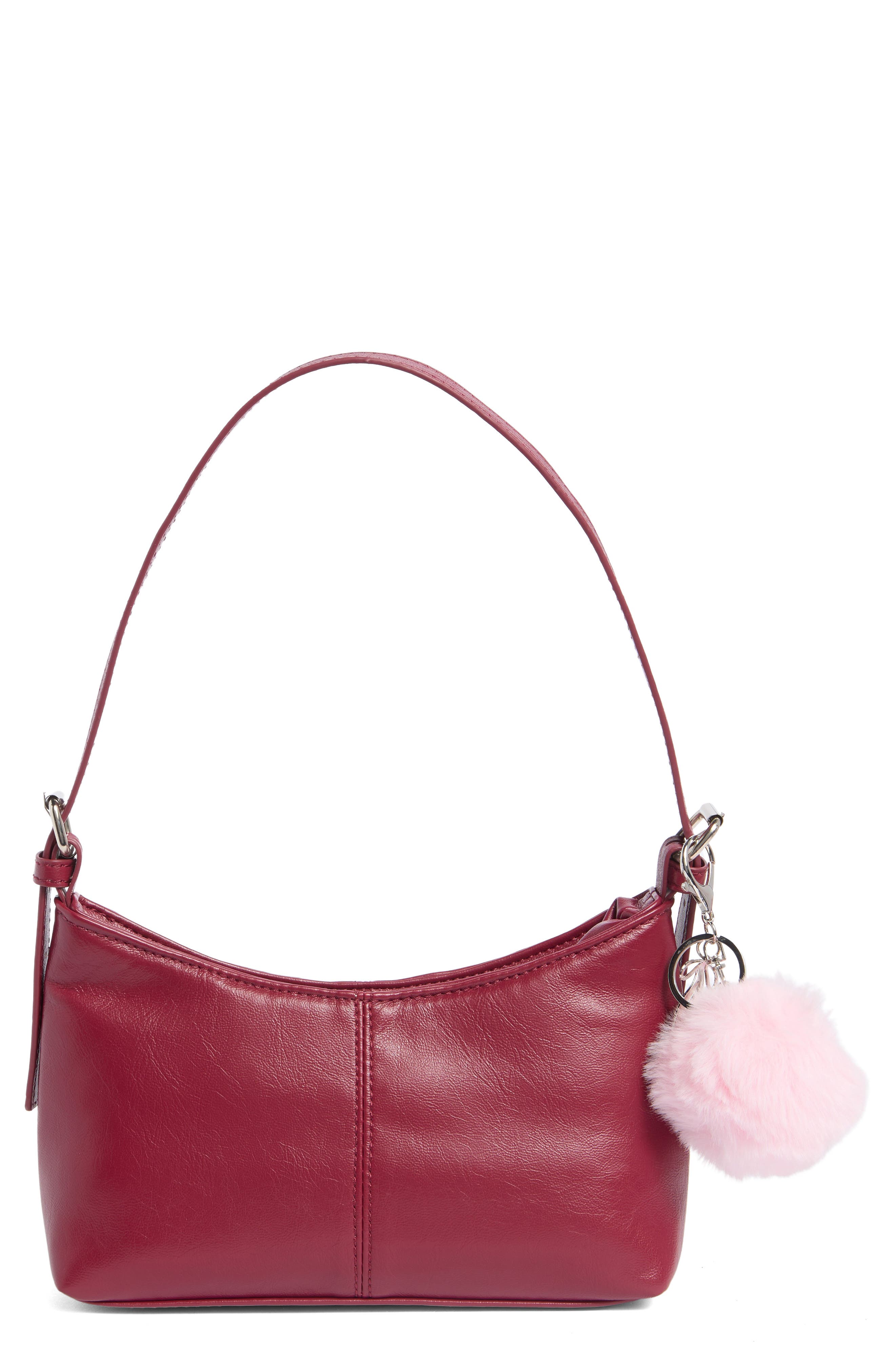 Madden Girl Faux Leather Shoulder Bag with Faux Fur Charm, Main, color, Wine