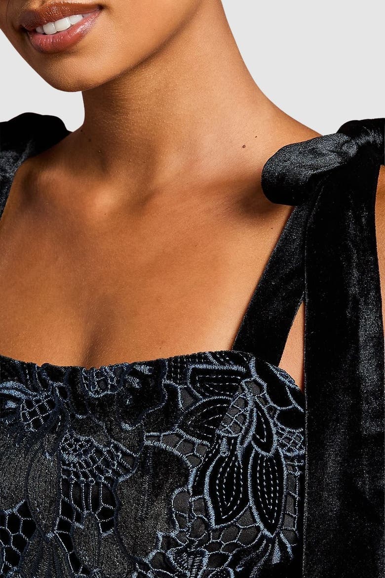 Petite Velvet Lace Tie Shoulder Dress, Alternate, color, Black