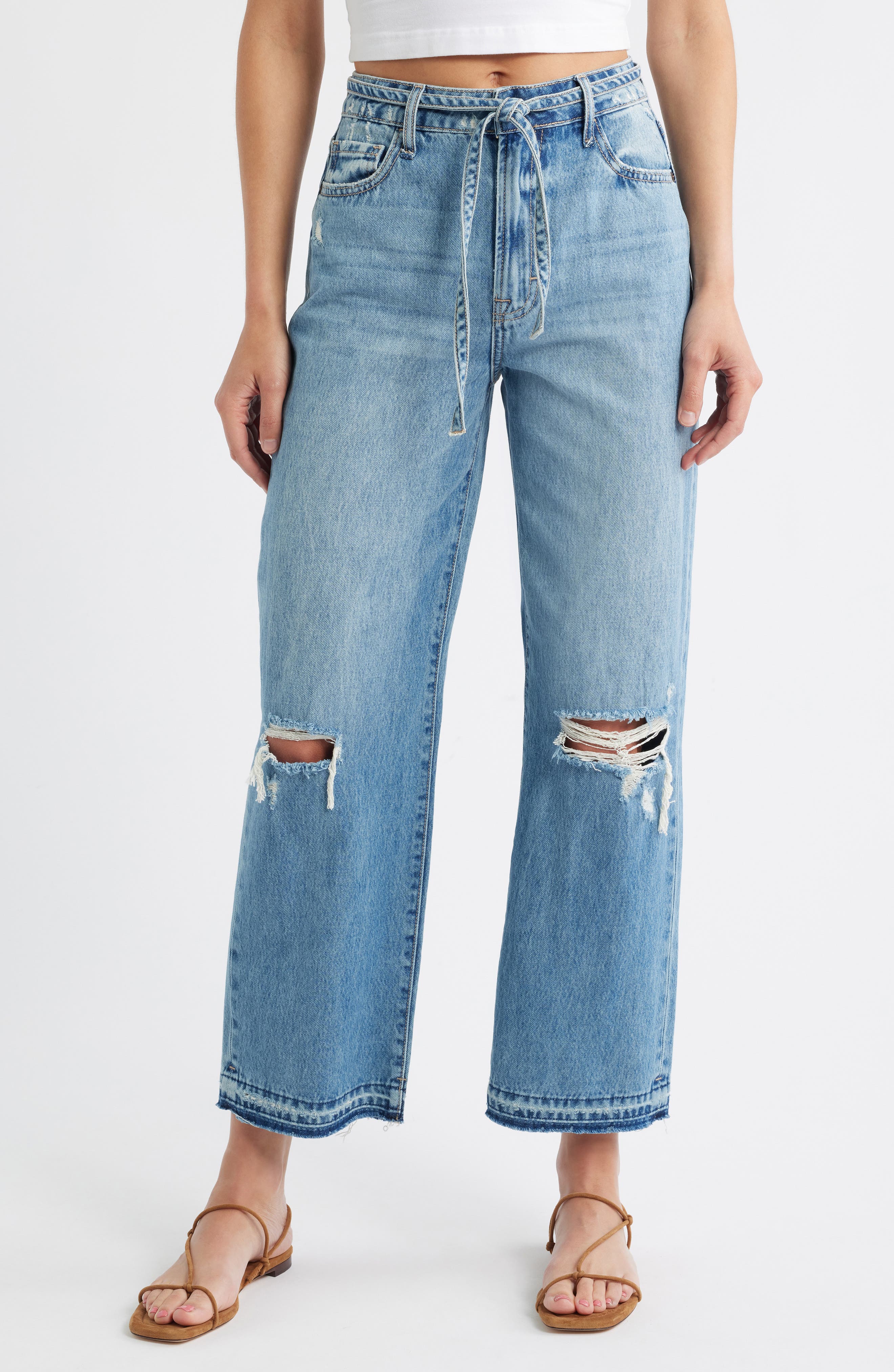 Belted Ripped Straight Leg Jeans