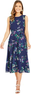 Yumi Sleeveless Tie Waist Printed Midi Dress