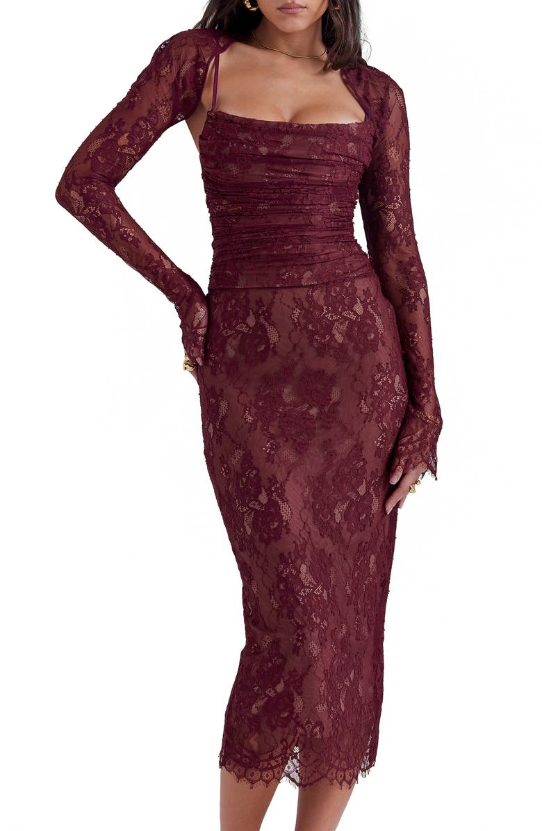 HOUSE OF CB Gaia Long Sleeve Lace Body-Con Dress, Main, color, Mulberry