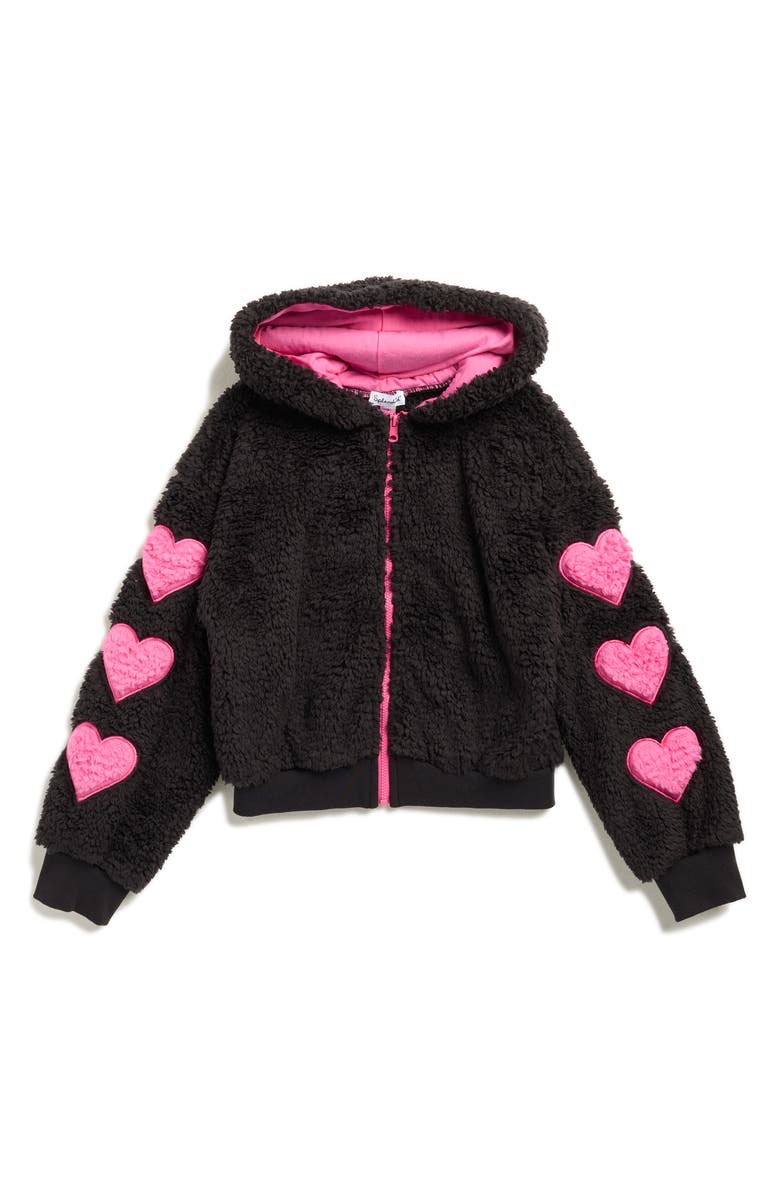 Splendid Kids' Big Hearts Hooded Fleece Zip Jacket, Main, color, Black/ Hot Pink