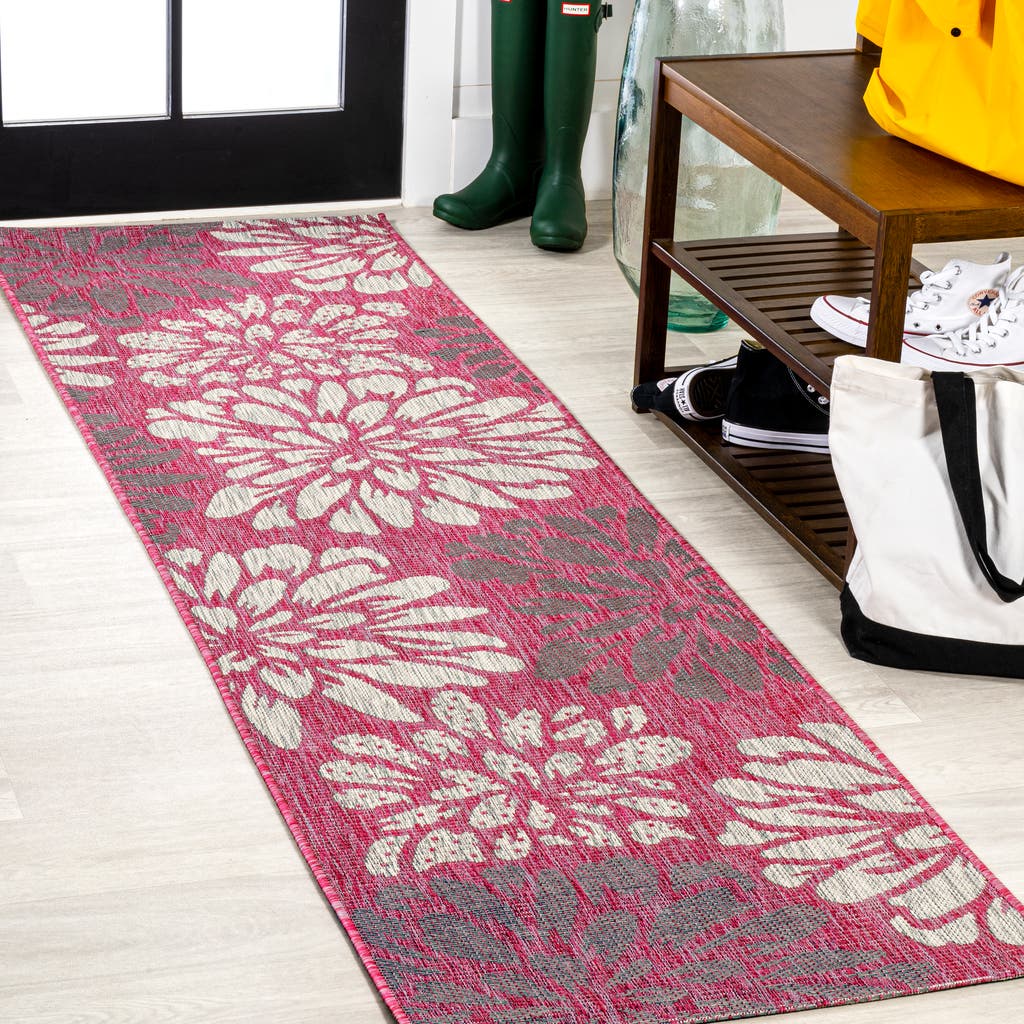 Jonathan Y Zinnia Modern Floral Textured Weave Indoor/outdoor Green/cream Square Area Rug In Fuchsia/light Gray
