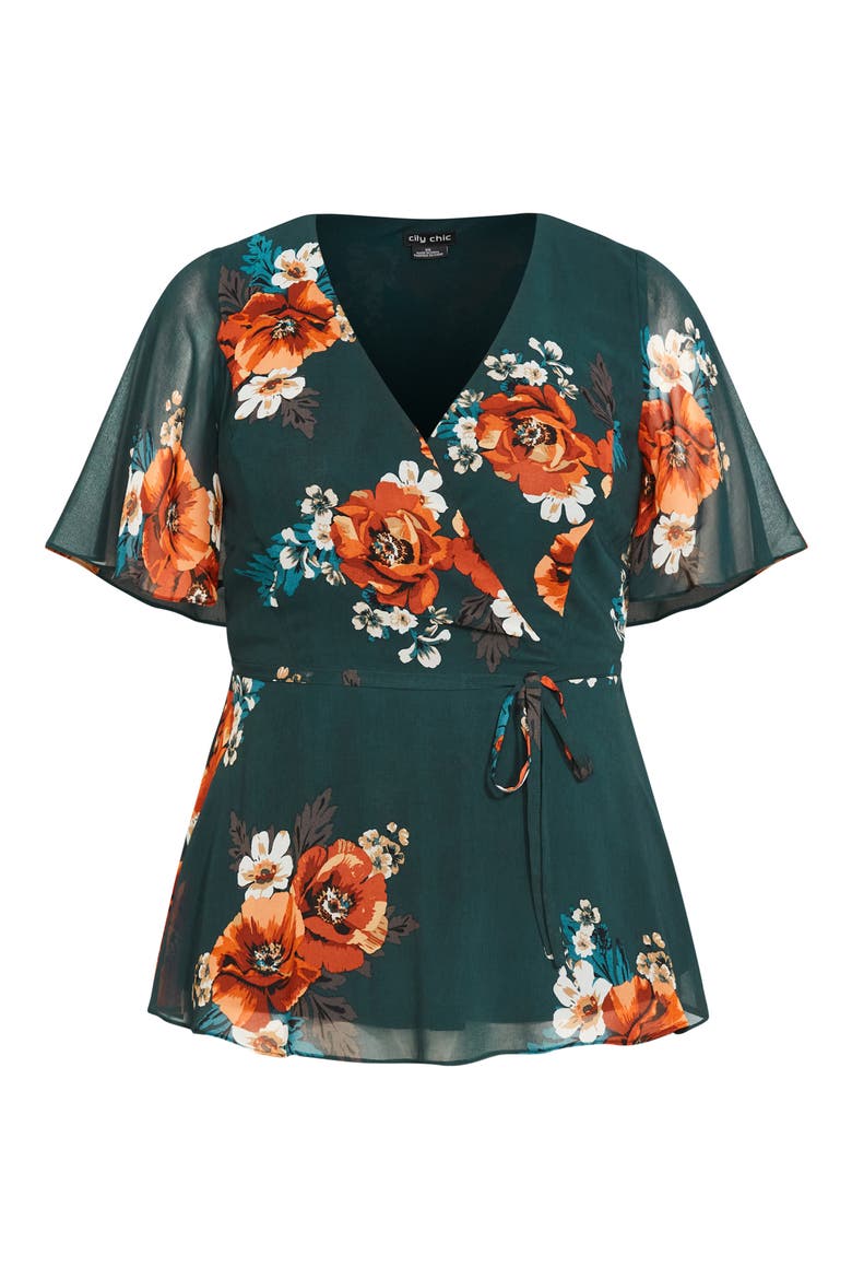 Valencia Floral Faux Wrap Top, Alternate, color, EMERALD POPPY PLAY