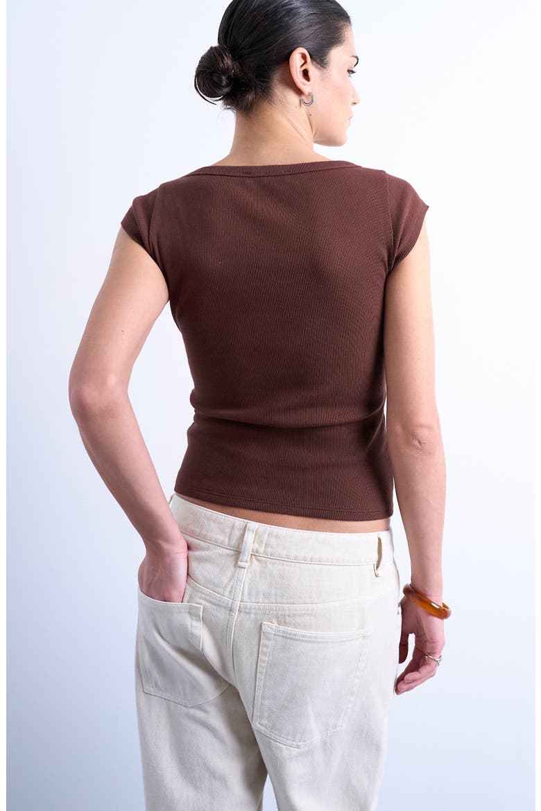 Square Neck Cap Sleeve Stretch Cotton Rib Top, Alternate, color, BROWN