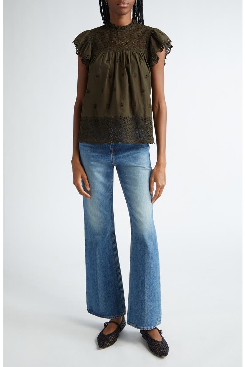 Kassi Eyelet Flutter Sleeve Cotton Top, Alternate, color, MILITAIRE