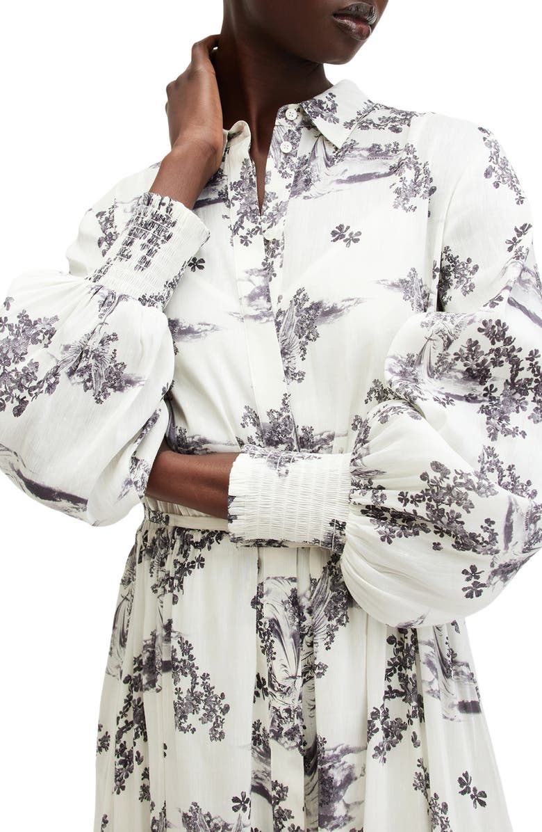 AllSaints Skye Floral Long Sleeve Linen & Silk Midi Shirtdress, Alternate, color,