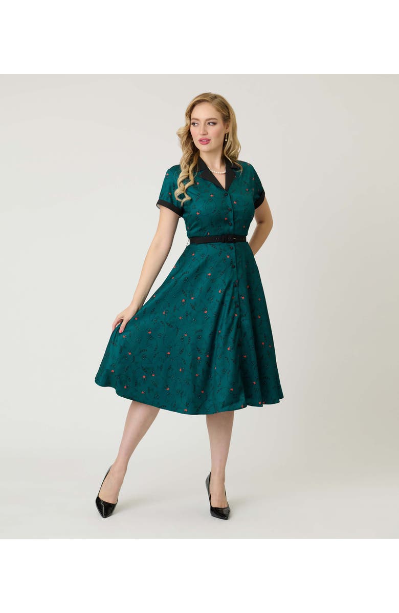 Unique Vintage Collared Short Sleeved Belted Alexis Swing Dress, Alternate, color, Teal Raccoon Print
