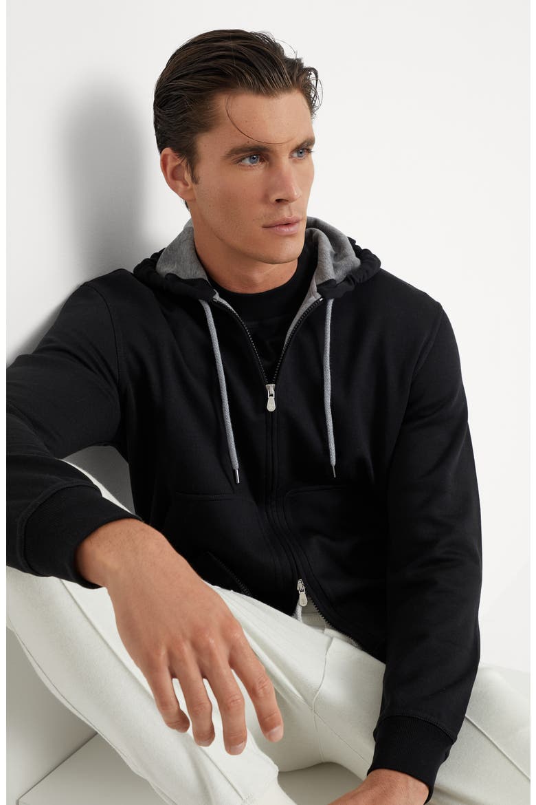 Cotton, cashmere and silk French terry double cloth hooded sweatshirt with zipper, Alternate, color, Black