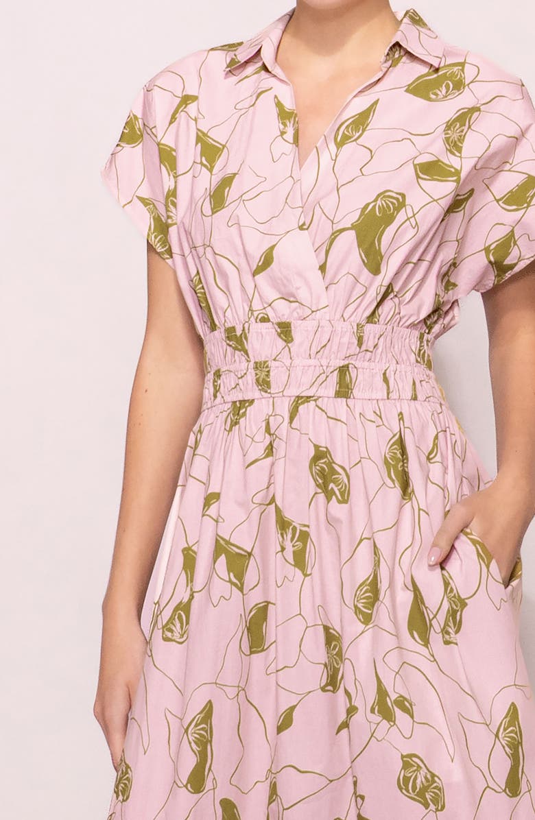 MELLODAY Short Sleeve Poplin Tiered Midi Dress, Alternate, color, Light Pink Olive Print