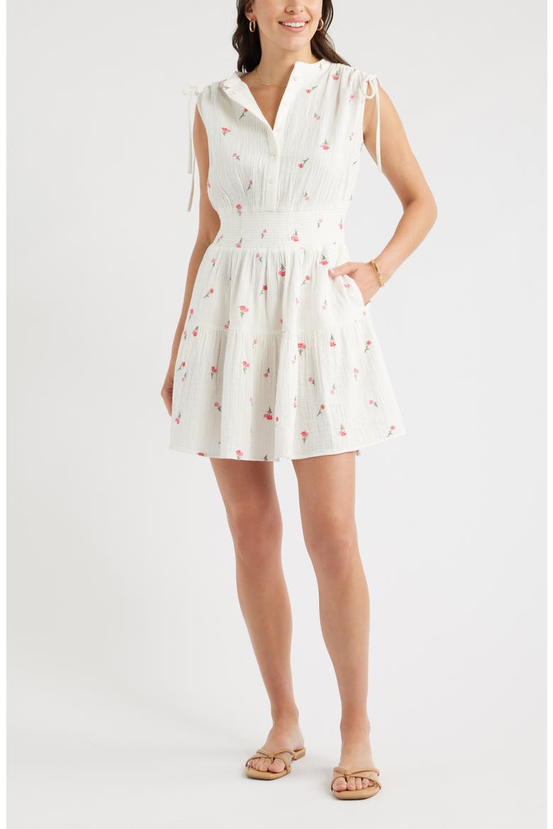 Floral Embroidered Sleeveless Cotton Gauze Dress, Main, color, IVORY- PINK TOSSED BLOSSOMS