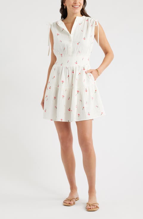Floral Embroidered Sleeveless Cotton Gauze Dress