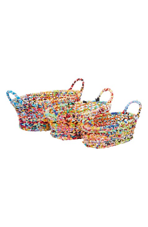 Multi Colored Cotton Bohemian Storage Basket with Handles - Set of 3