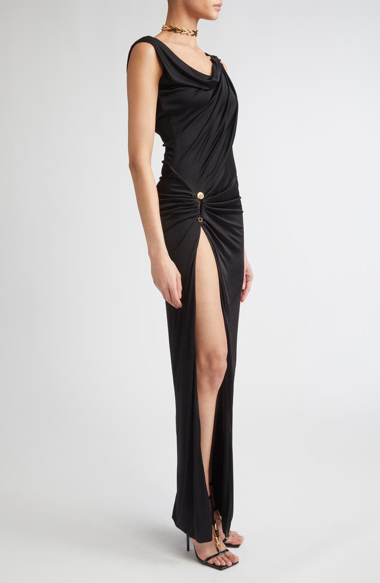 Versace Safety Pin Crepe Gown, Alternate, color, Black