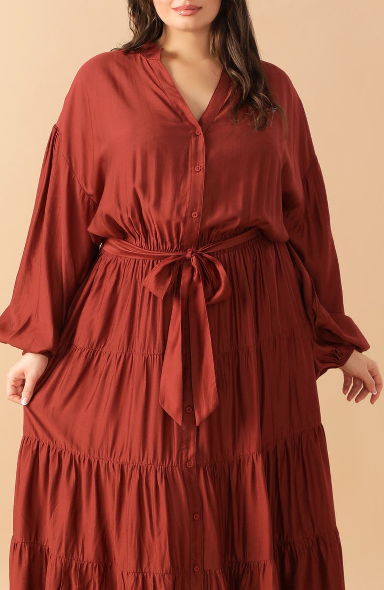 FLYING TOMATO Long Sleeve Maxi Dress, Alternate, color, Brick