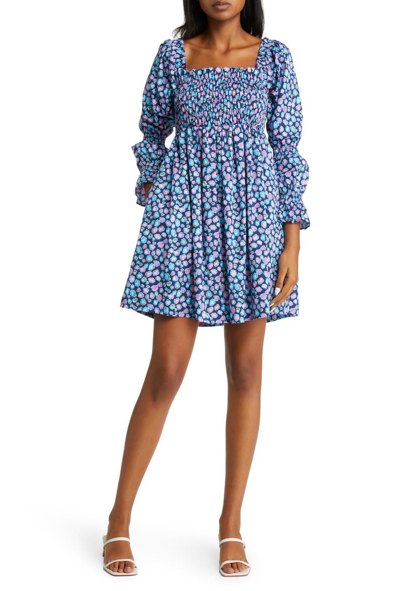 Beyonca Spot Print Smocked Cotton Babydoll Dress, Main, color, NACY SPOTTED IN THE WILD