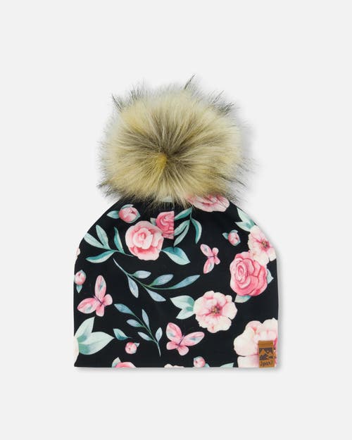 Deux Par Deux Girl's Printed Jersey Detachable Pompom Hat Pink, Black, And Flowers In Pink, Black, And Flowers