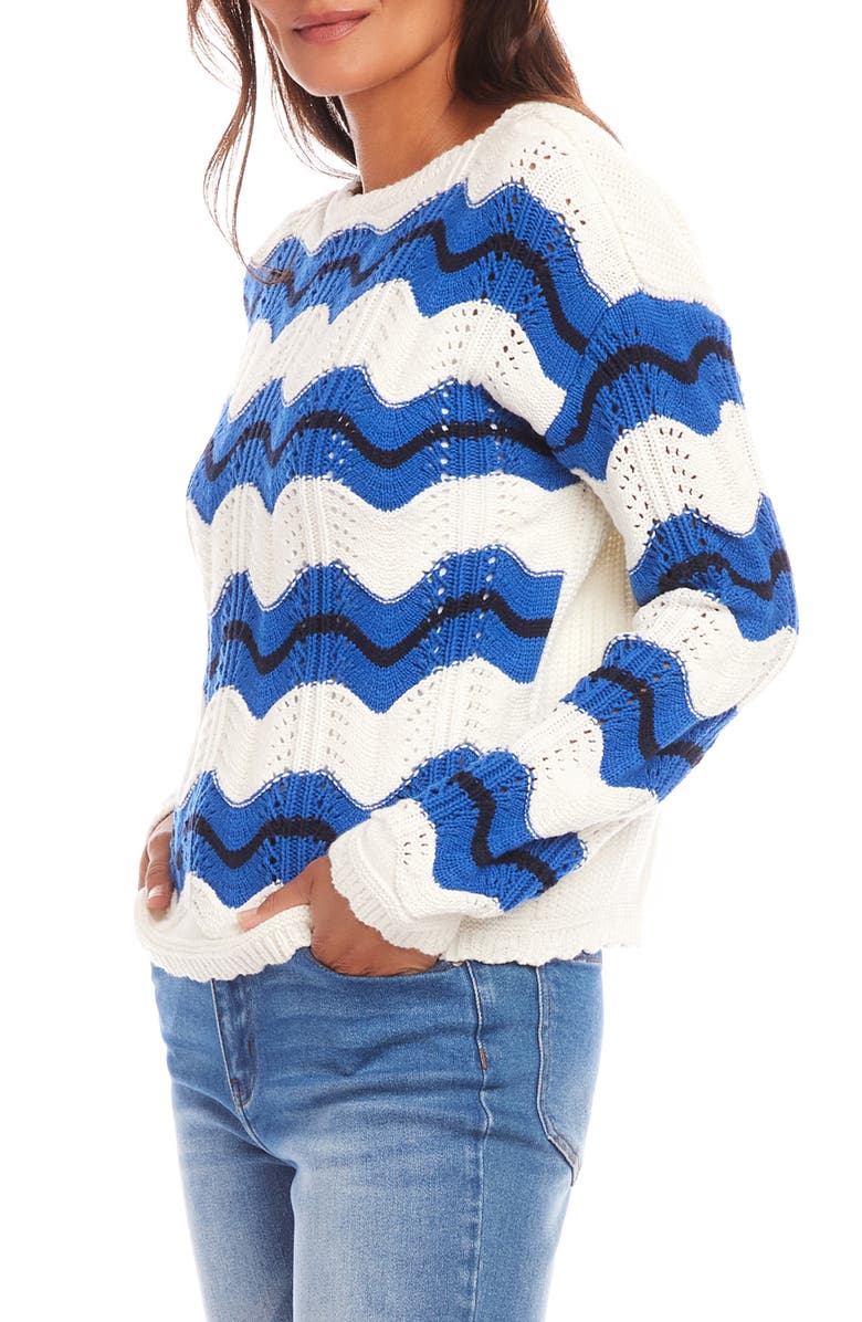 Karen Kane Zigzag Pointelle Stitch Cotton Blend Sweater, Alternate, color, White/ Blue