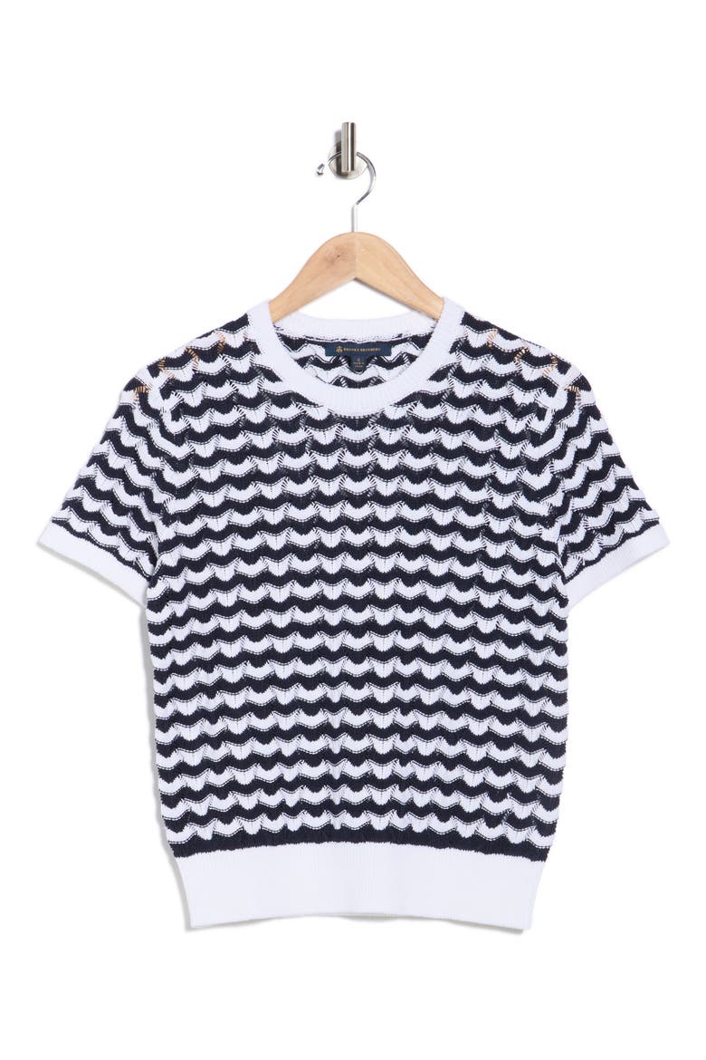 Stripe Pointelle Stitch Short Sleeve Cotton Sweater, Alternate, color, NAVY WHITE STRIPE