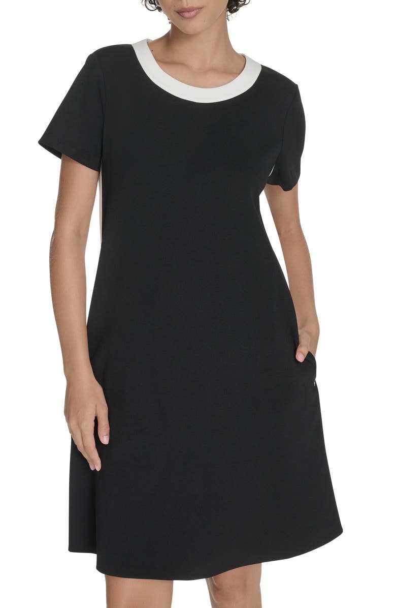 Tommy Hilfiger Colorblock Short Sleeve Pocket Trapeze Dress, Alternate, color, Black/ Ivory