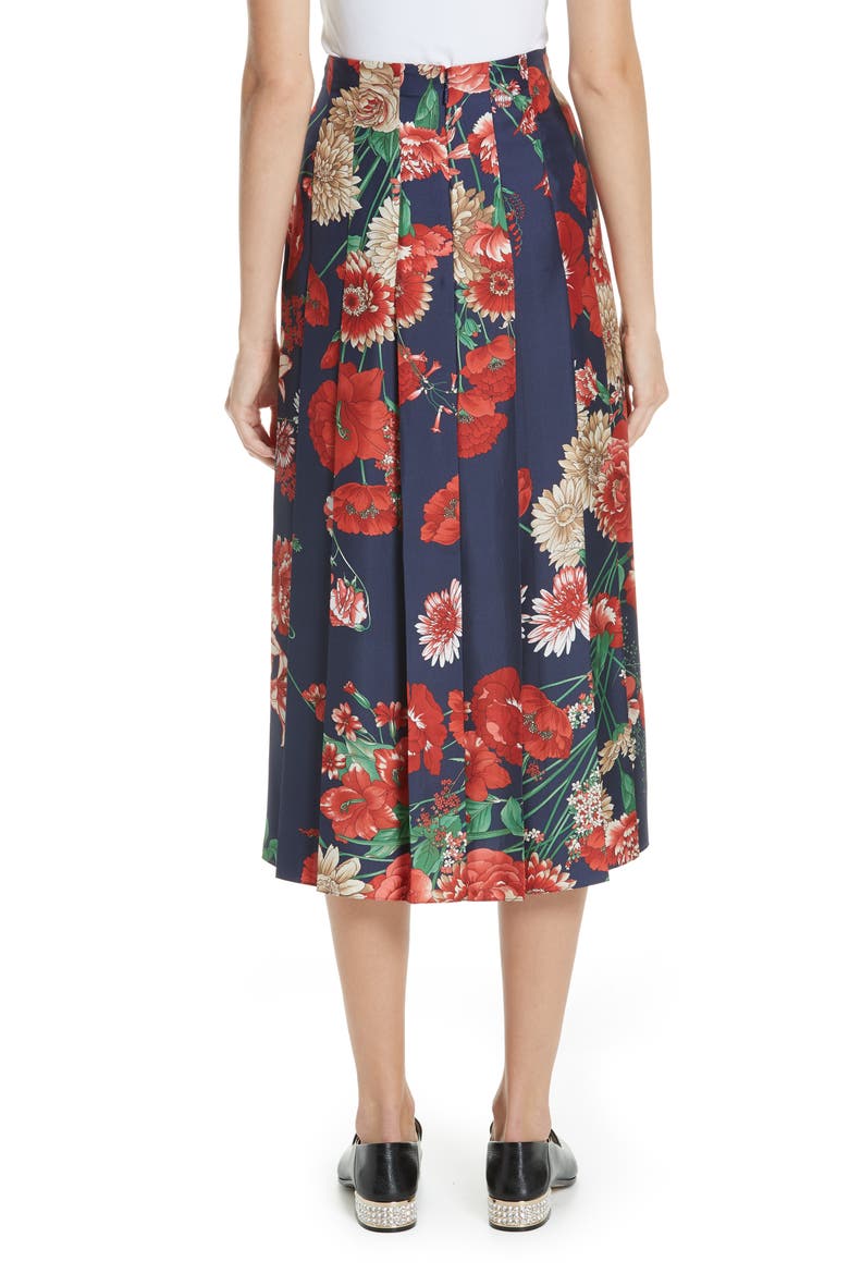 Spring Bouquet Print Silk Pleated Skirt, Alternate, color, BLUE/ RED PRINT