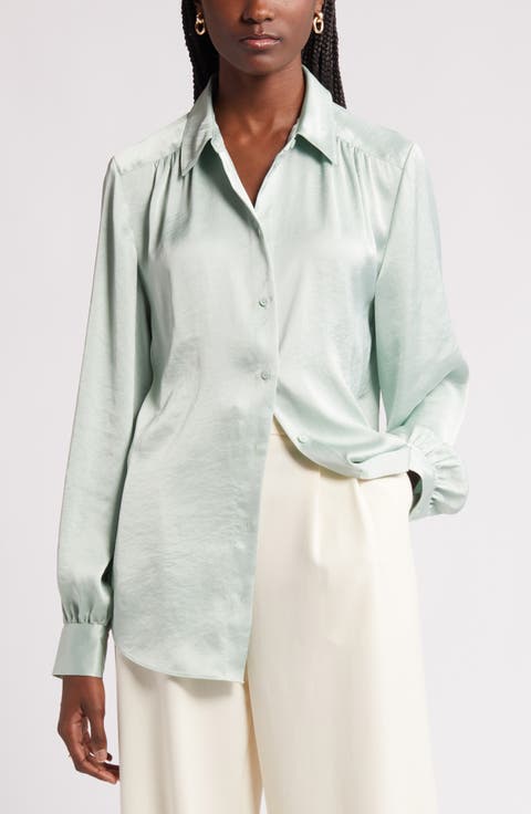 Textured Shirred Button-Up Shirt