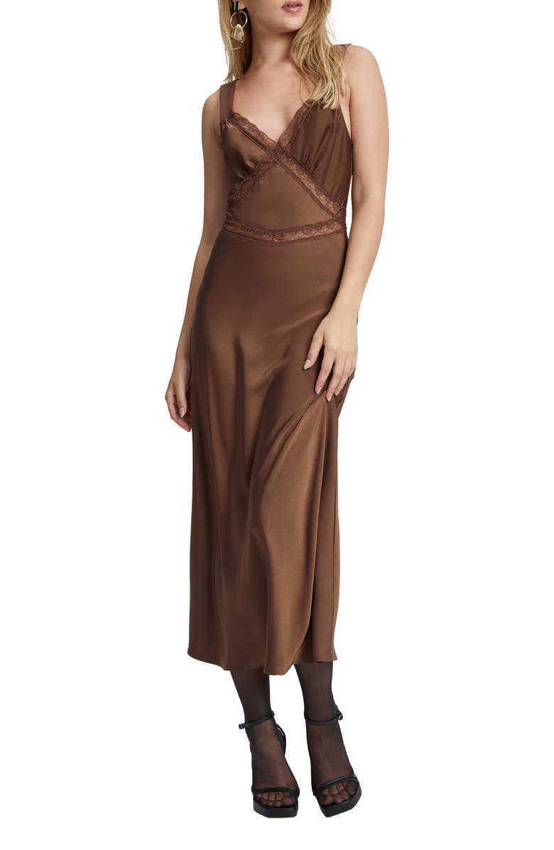 Bardot Emory Lace Trim Cutout Satin Midi Slipdress, Main, color, Chocolate
