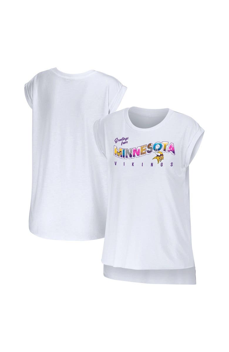 WEAR by Erin Andrews Women's WEAR by Erin Andrews White Minnesota Vikings Greetings From Muscle T-Shirt, Main, color, White