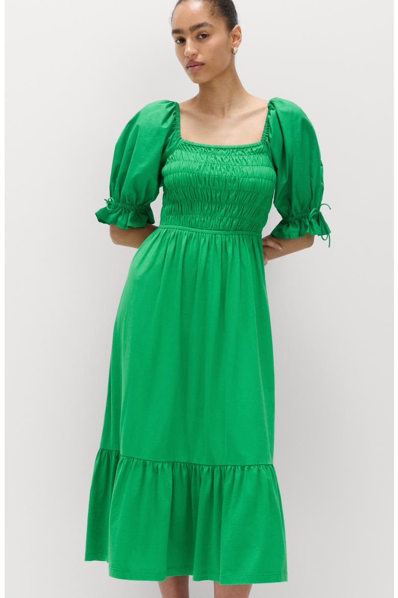 Puff Sleeve Cotton Midi Dress, Alternate, color, GREEN