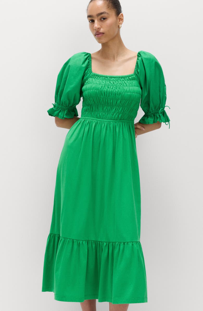 M&S Puff Sleeve Cotton Midi Dress, Alternate, color, Green