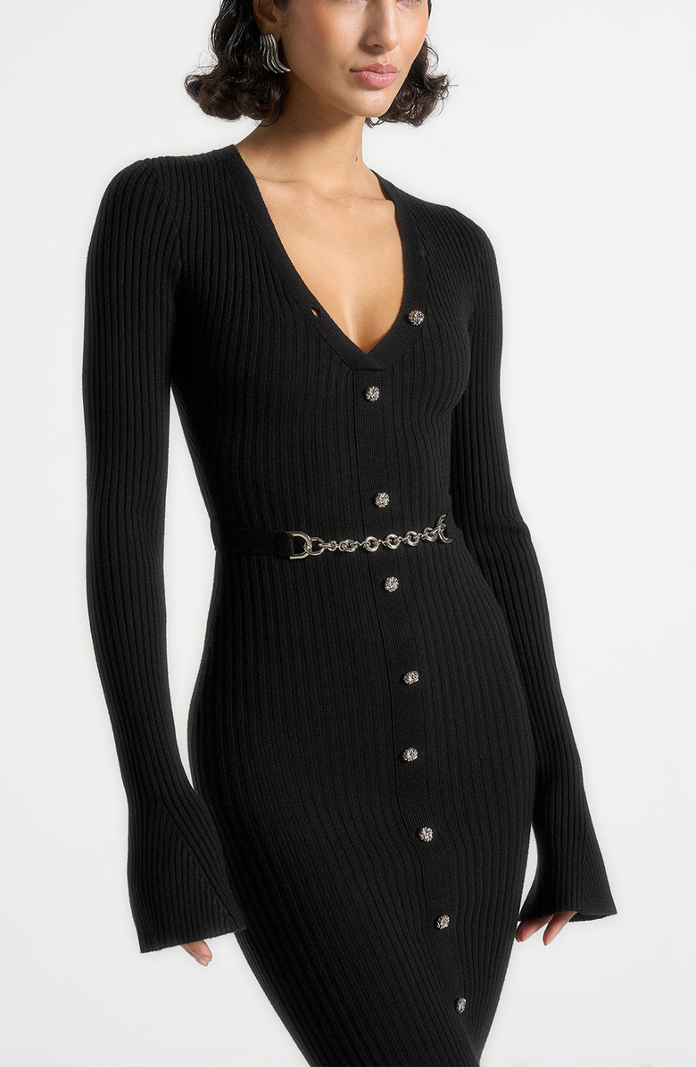 Manière De Voir Assia Long Sleeve Knitted Midaxi Dress With Belt, Alternate, color, Black