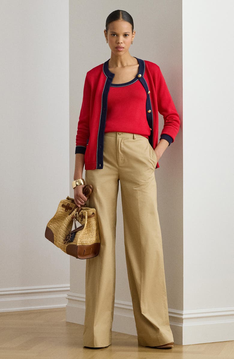 Lauren Ralph Lauren Two-Tone Trim Cardigan, Alternate, color, Cruise Red/ Multi