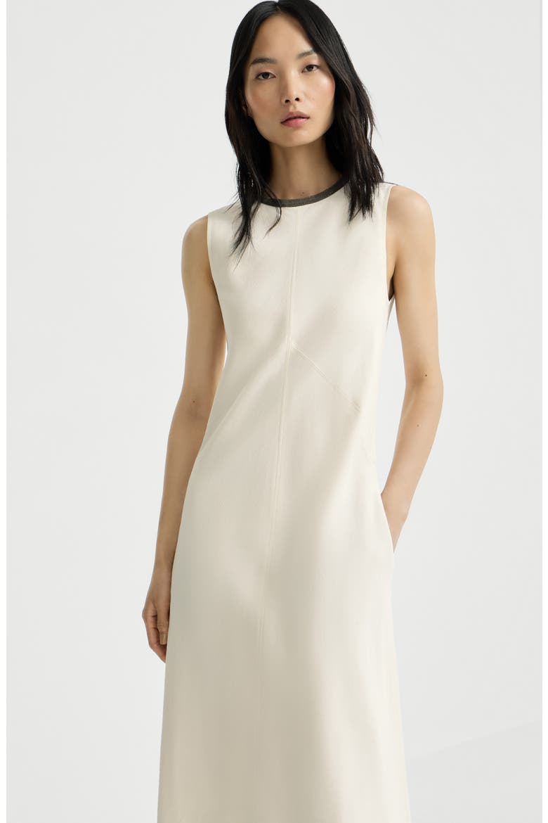 Viscose and linen fluid twill dress with precious collar, Alternate, color, Milk